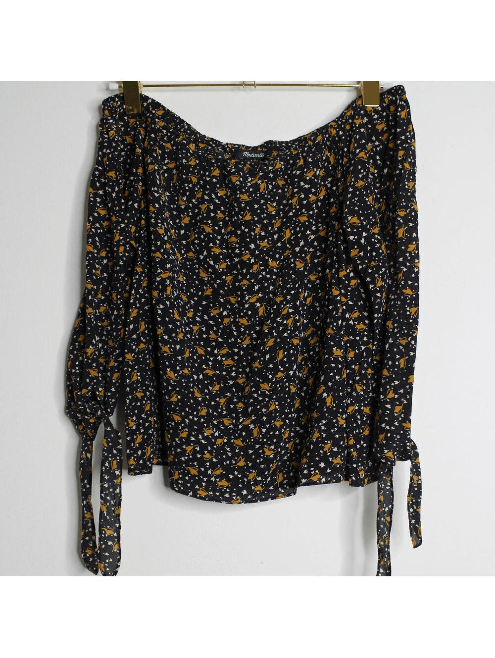 Madewell Black Silk Off Shoulder Blouse - Fall Sepia Leaf Design - Small